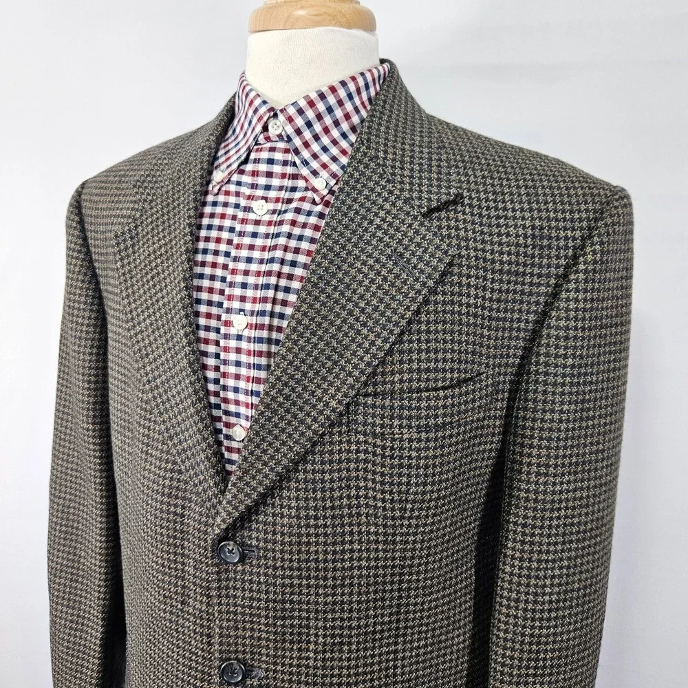 VTG RBM Men's Sport Coat Blazer Three Button Brown Houndstooth Lambs Wool 42R